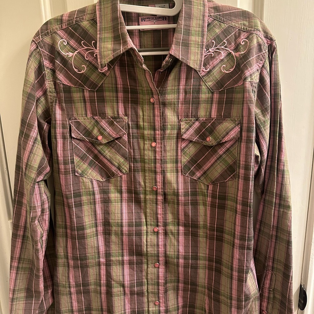 Western shirt women Pink Green Plaid pearl snap buttons Ransom Ranch L